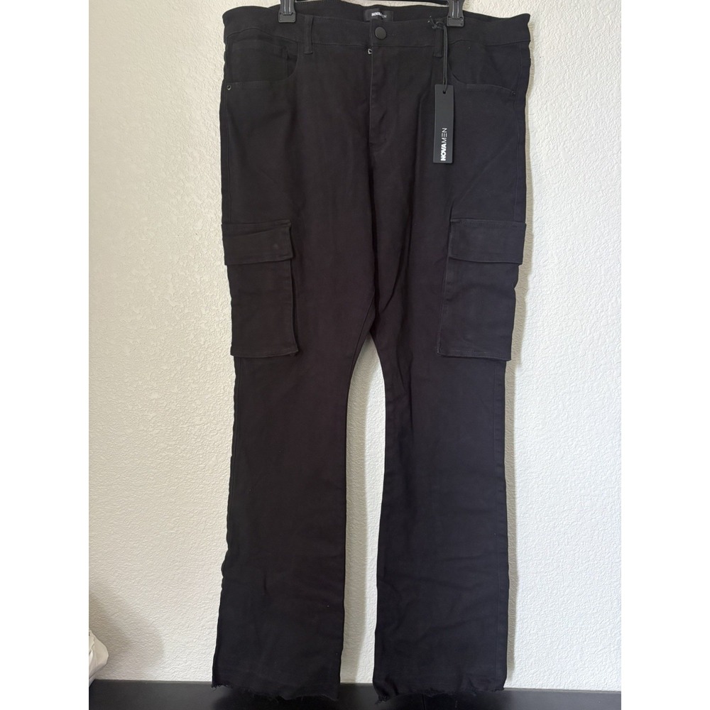 NOVA MEN Black Cargo Pants Skinny Fit Flare Leg Denim Size 40